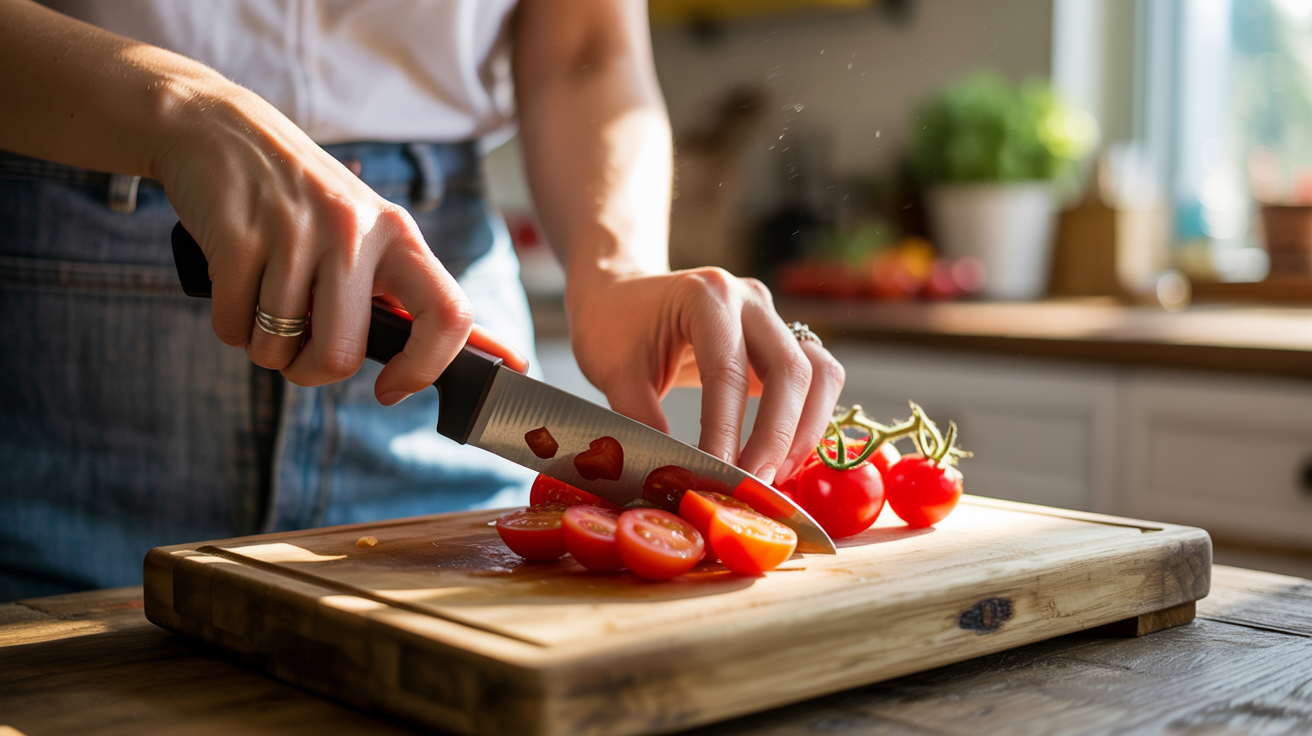 Woman chopping tomatoes on a walnut cutting board — a safe, natural surface for everyday kitchen prep.