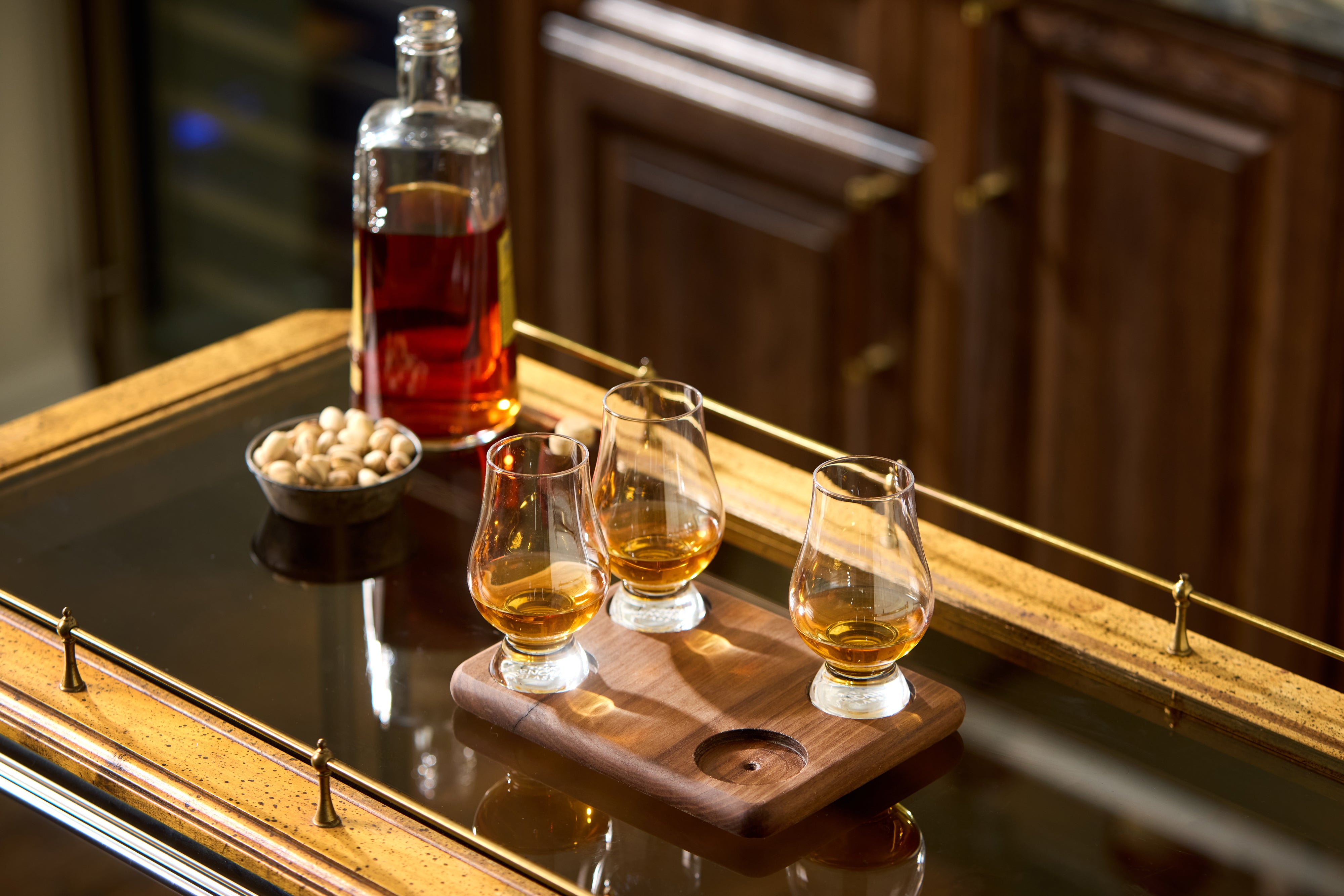 Walnut or Maple Glencairn Glass Flight – Handcrafted Whiskey Tasting Board