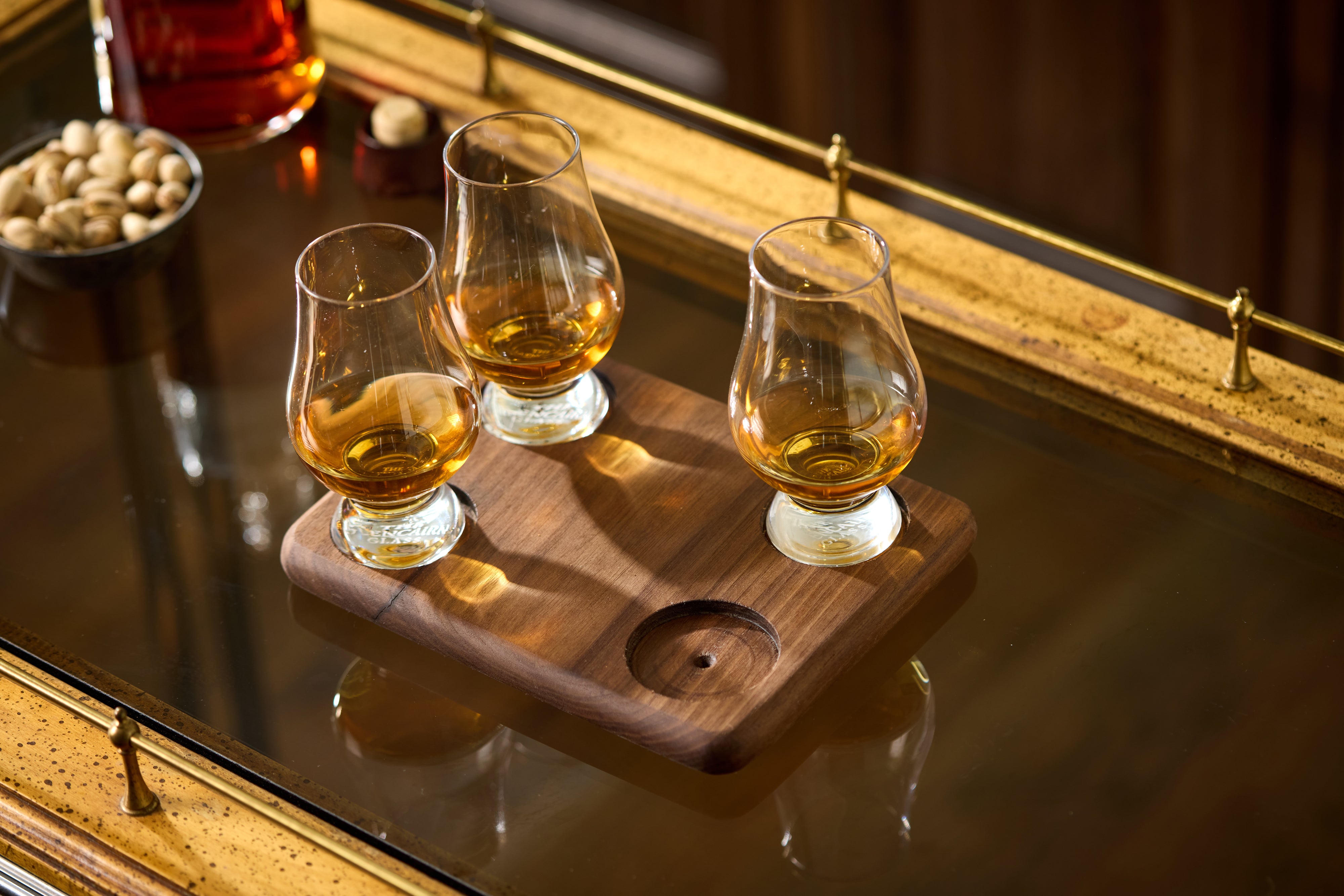 Walnut or Maple Glencairn Glass Flight – Handcrafted Whiskey Tasting Board