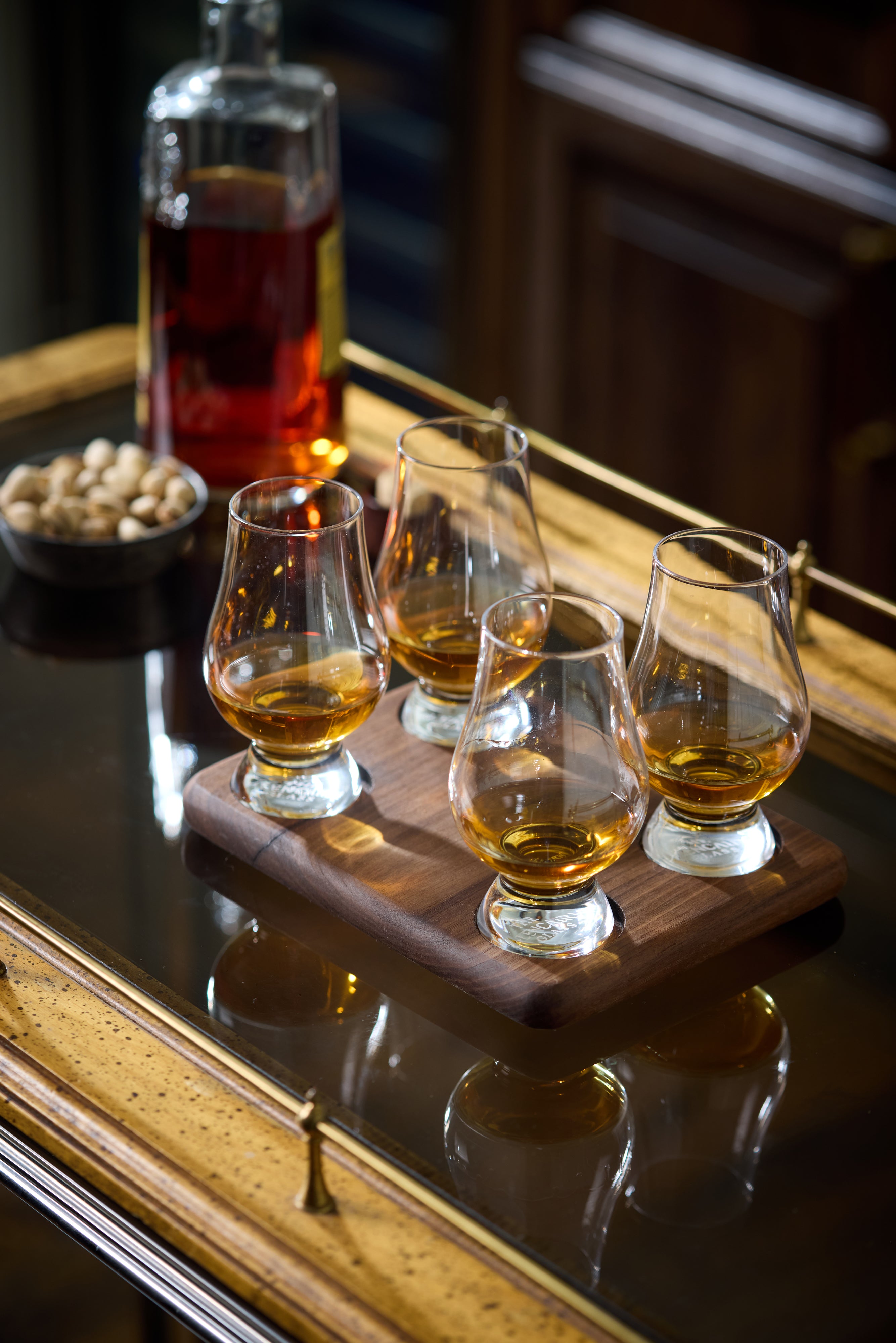 Walnut or Maple Glencairn Glass Flight – Handcrafted Whiskey Tasting Board