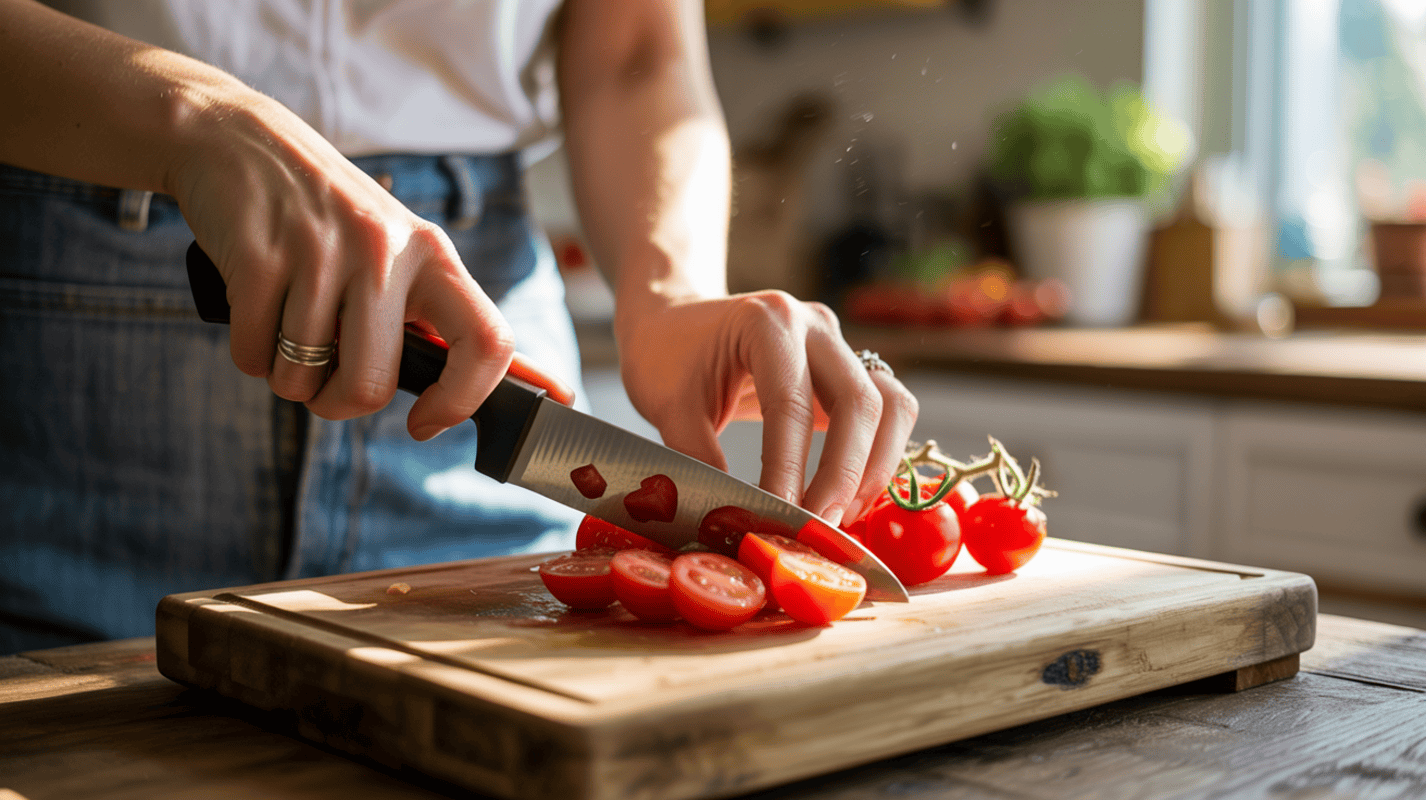 Close-up of a woman’s hands carefully chopping green vegetables on a wooden cutting board, showing precise kitchen preparation.