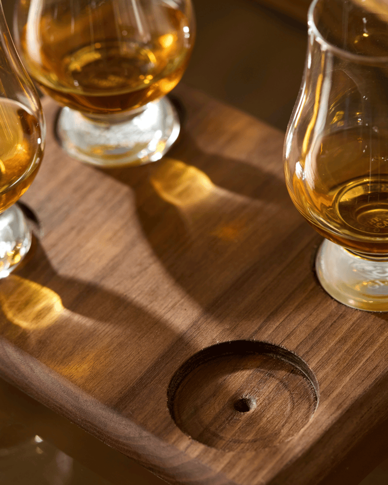 Walnut or Maple Glencairn Glass Flight – Handcrafted Whiskey Tasting Board