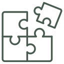 A minimal puzzle piece icon showing four connected pieces with one piece raised, symbolizing problem-solving and completion.