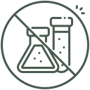 Non-toxic materials icon featuring crossed-out laboratory beakers, indicating the product contains no harmful chemicals.